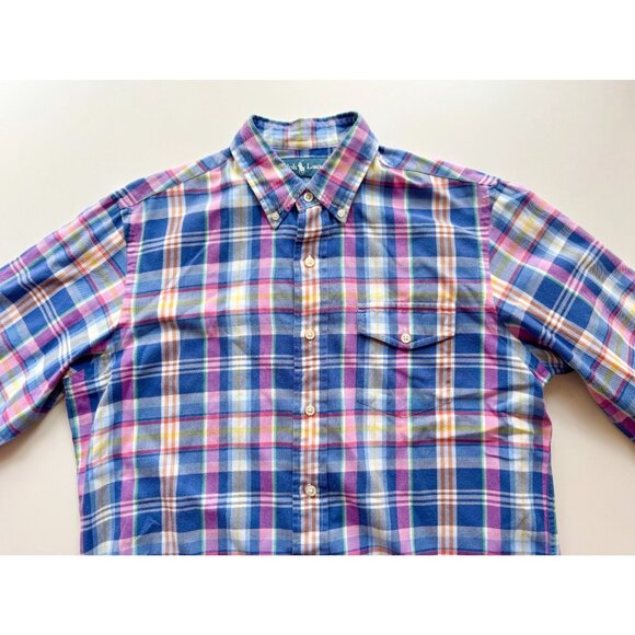 POLO RALPH LAUREN Blue Pink Madras Plaid Cotton Twill Button Down Shirt, Size M - Picture 5 of 15